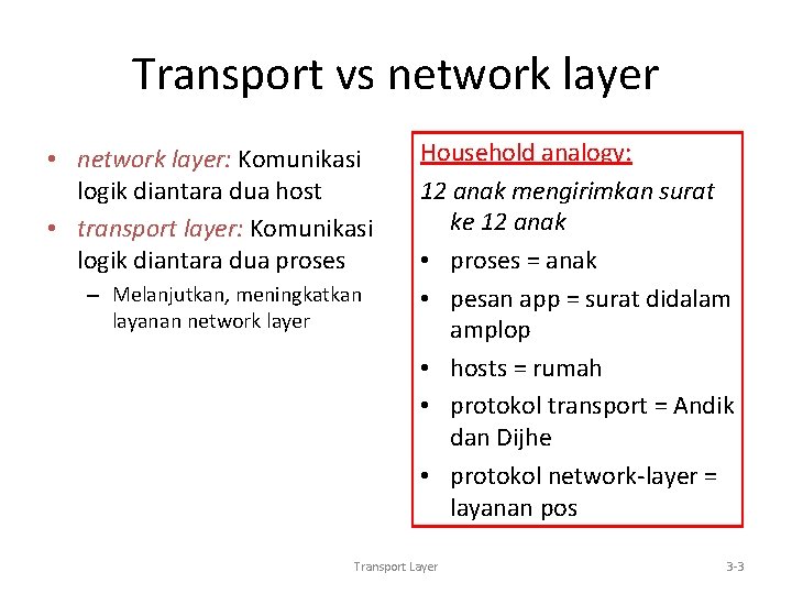 Transport vs network layer • network layer: Komunikasi logik diantara dua host • transport