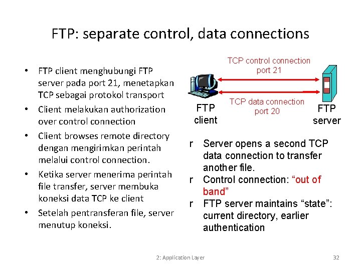 FTP: separate control, data connections • FTP client menghubungi FTP server pada port 21,