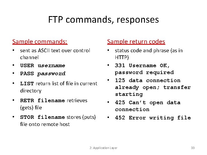 FTP commands, responses Sample commands: Sample return codes • sent as ASCII text over