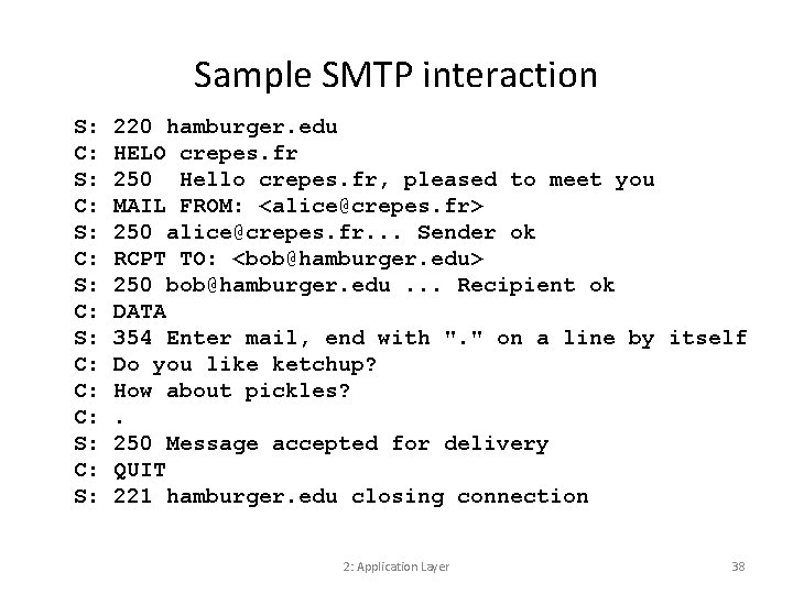 Sample SMTP interaction S: C: S: C: C: C: S: 220 hamburger. edu HELO