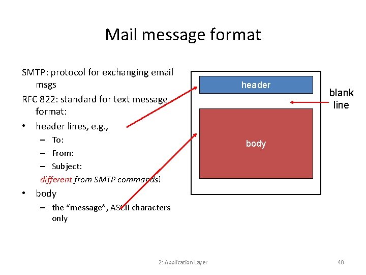 Mail message format SMTP: protocol for exchanging email msgs RFC 822: standard for text