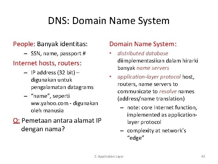 DNS: Domain Name System People: Banyak identitas: Domain Name System: – SSN, name, passport