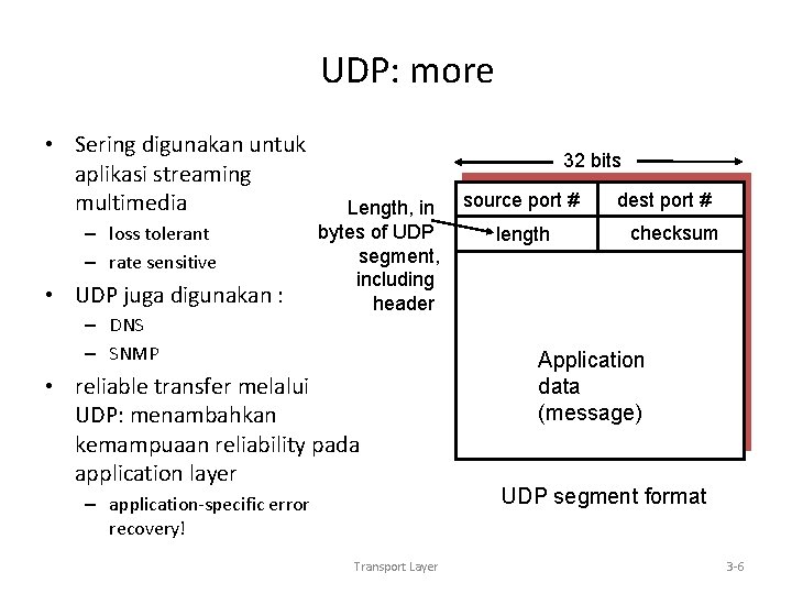 UDP: more • Sering digunakan untuk aplikasi streaming multimedia – loss tolerant – rate