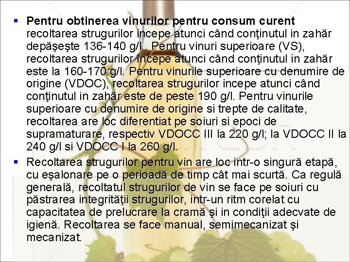 § Pentru obtinerea vinurilor pentru consum curent recoltarea strugurilor incepe atunci când conţinutul in