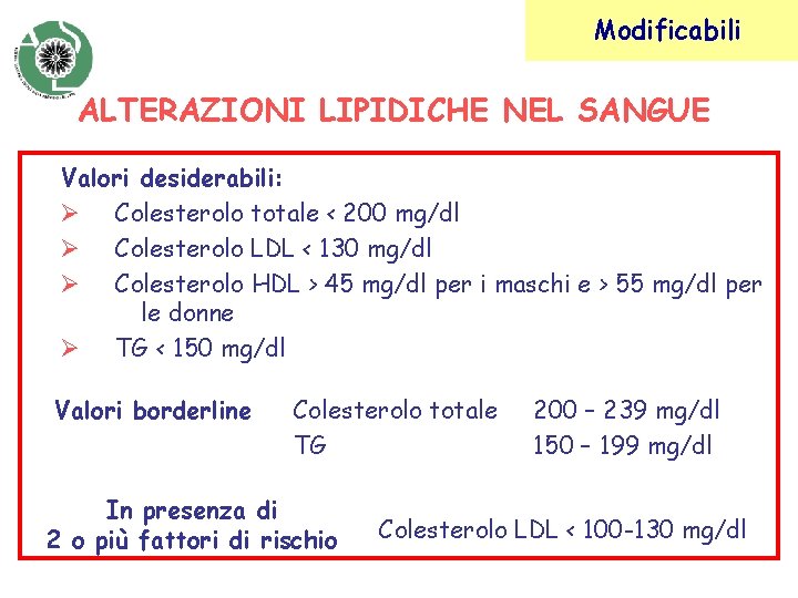 Modificabili ALTERAZIONI LIPIDICHE NEL SANGUE Valori desiderabili: Ø Colesterolo totale < 200 mg/dl Ø