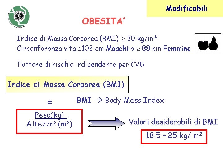 Modificabili OBESITA’ Indice di Massa Corporea (BMI) 30 kg/m² Circonferenza vita 102 cm Maschi