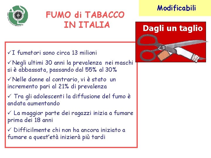 FUMO di TABACCO IN ITALIA üI fumatori sono circa 13 milioni üNegli ultimi 30