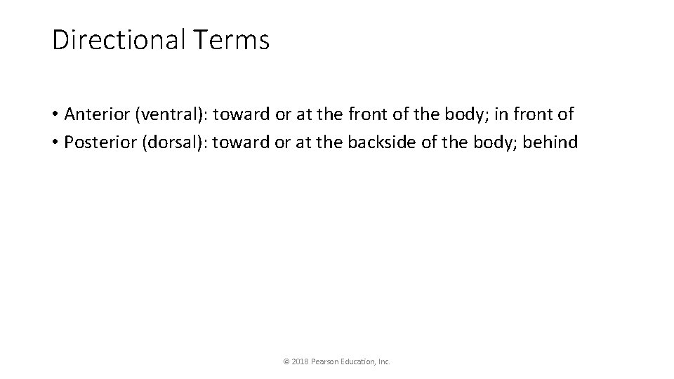 Directional Terms • Anterior (ventral): toward or at the front of the body; in