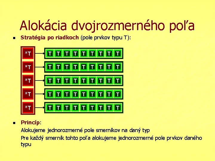 Alokácia dvojrozmerného poľa n n Stratégia po riadkoch (pole prvkov typu T): *T T Alokácia dvojrozmerného poľa n n Stratégia po riadkoch (pole prvkov typu T): *T T