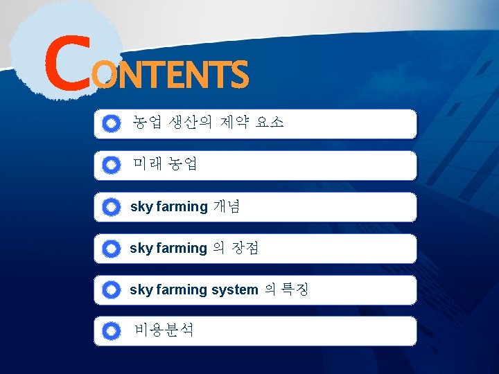 CONTENTS 농업 생산의 제약 요소 미래 농업 sky farming 개념 sky farming 의 장점