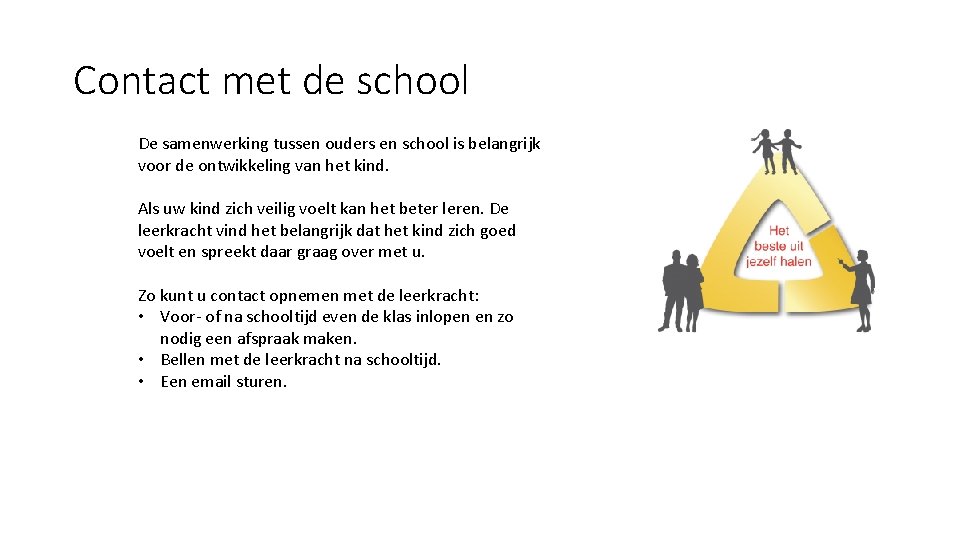 Contact met de school De samenwerking tussen ouders en school is belangrijk voor de