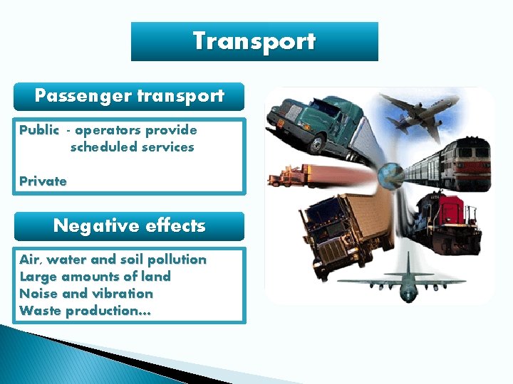 Transport Passenger transport Public - operators provide scheduled services Private Negative effects Air, water