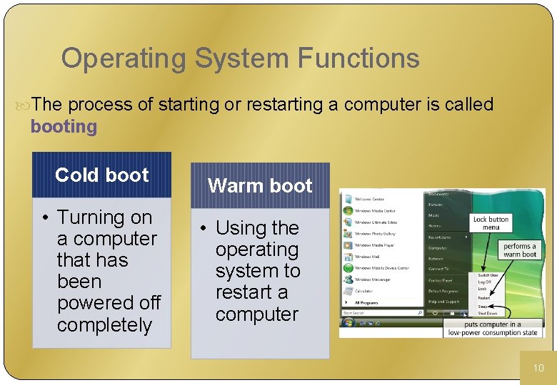 Operating System Functions The process of starting or restarting a computer is called booting