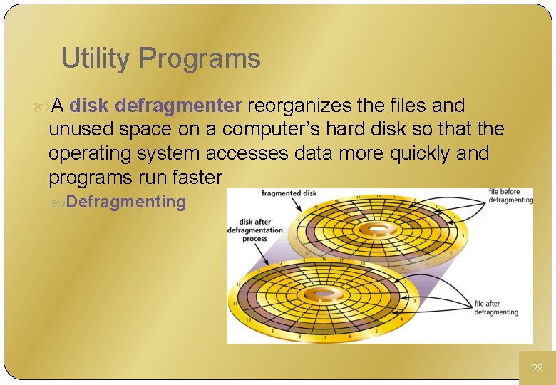 Utility Programs A disk defragmenter reorganizes the files and unused space on a computer’s