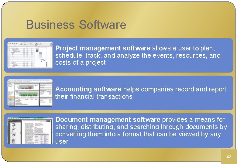 Business Software Project management software allows a user to plan, schedule, track, and analyze