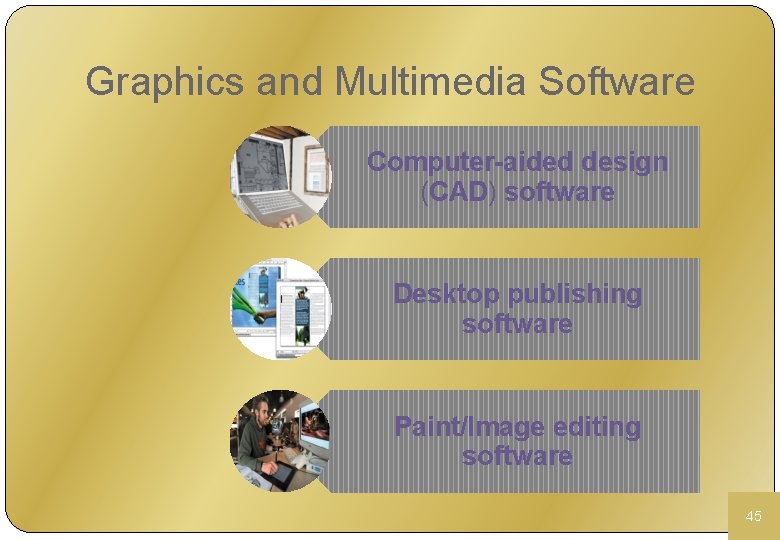 Graphics and Multimedia Software Computer-aided design (CAD) software Desktop publishing software Paint/Image editing software