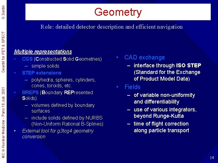 G. Santin Geometry MC in Nuclear Medicine - Paris 16 July 2001 Geant 4