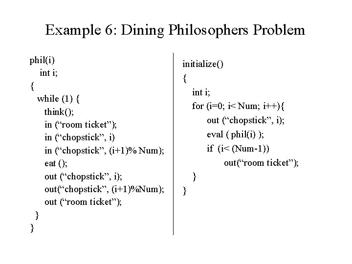 Example 6: Dining Philosophers Problem phil(i) int i; { while (1) { think(); in