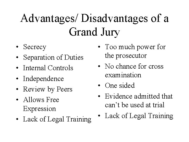 Advantages/ Disadvantages of a Grand Jury • • • Secrecy Separation of Duties Internal