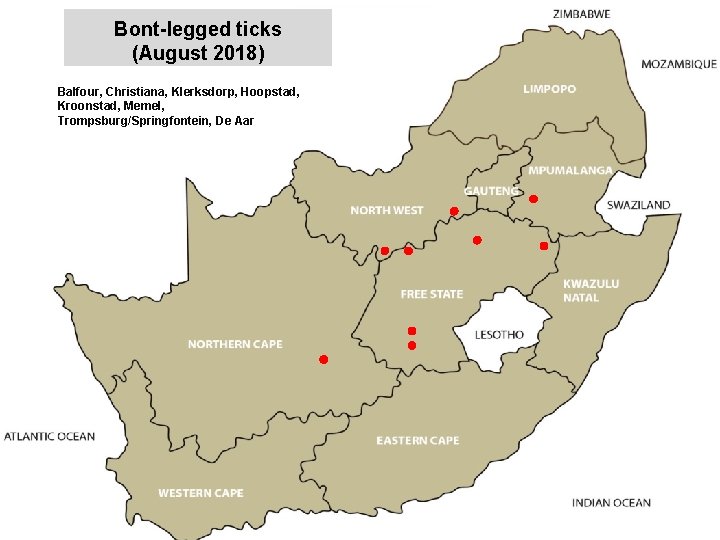 Bont-legged ticks (August 2018) Balfour, Christiana, Klerksdorp, Hoopstad, Kroonstad, Memel, Trompsburg/Springfontein, De Aar jkccff