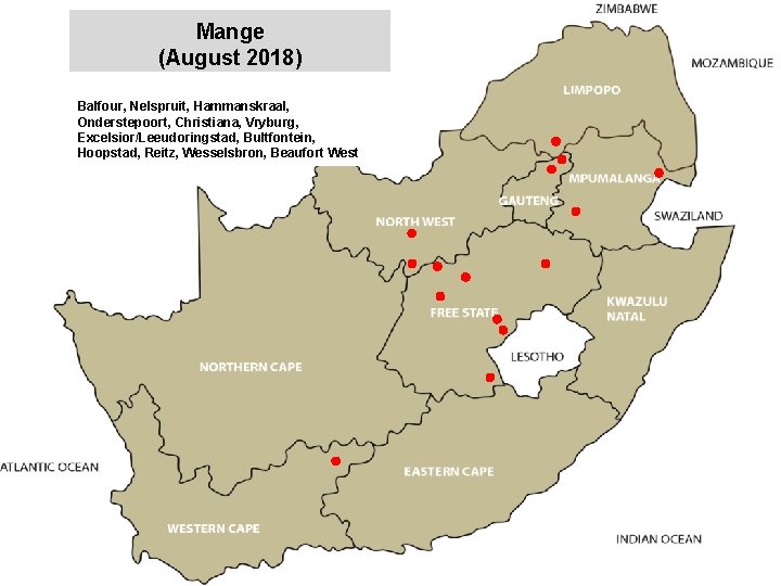 Mange (August 2018) jkccff Balfour, Nelspruit, Hammanskraal, Onderstepoort, Christiana, Vryburg, Excelsior/Leeudoringstad, Bultfontein, Hoopstad, Reitz,