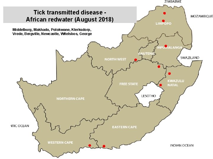 Tick transmitted disease African redwater (August 2018) Middelburg, Makhado, Polokwane, Klerksdorp, Vrede, Bergville, Newcastle,