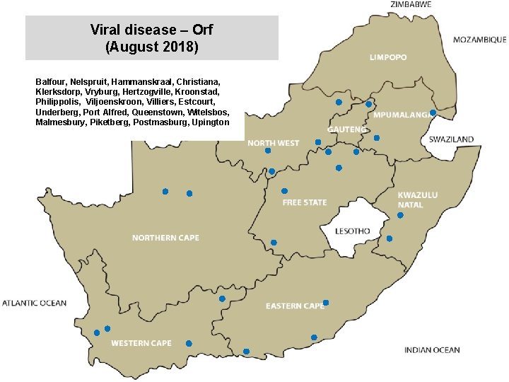 Viral disease – Orf (August 2018) kjkjnmn Balfour, Nelspruit, Hammanskraal, Christiana, Klerksdorp, Vryburg, Hertzogville,