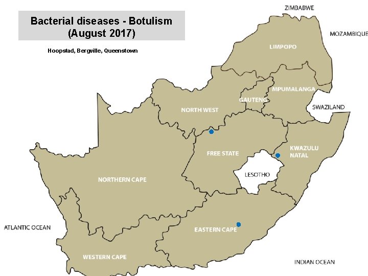 Bacterial diseases - Botulism (August 2017) Hoopstad, Bergville, Queenstown Middelburg, Nelspruit, Bronkhorstspruit, Brits, Christiana,