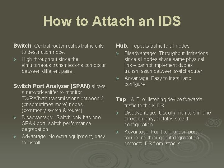 How to Attach an IDS Switch: Central router routes traffic only Hub: repeats traffic