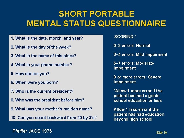 SHORT PORTABLE MENTAL STATUS QUESTIONNAIRE 1. What is the date, month, and year? SCORING:
