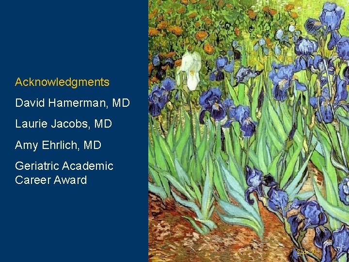Acknowledgments David Hamerman, MD Laurie Jacobs, MD Amy Ehrlich, MD Geriatric Academic Career Award