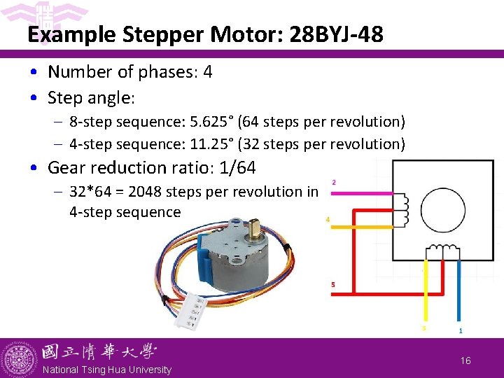 Example Stepper Motor: 28 BYJ-48 • Number of phases: 4 • Step angle: -