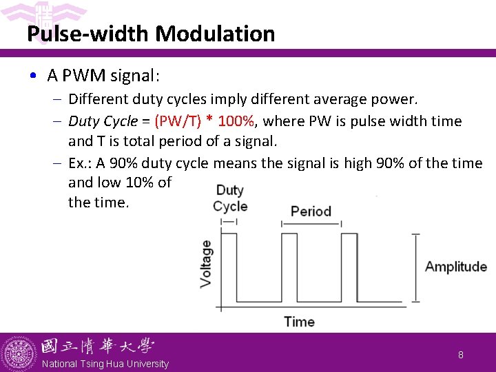 Pulse-width Modulation • A PWM signal: - Different duty cycles imply different average power.