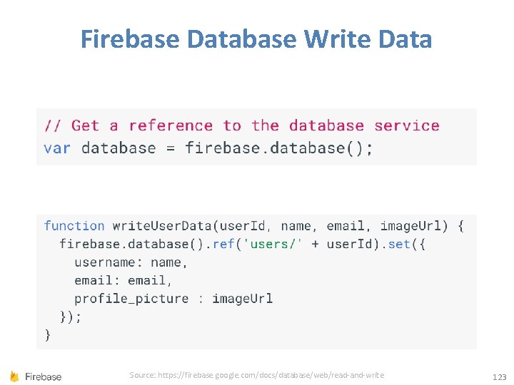 Firebase Database Write Data Source: https: //firebase. google. com/docs/database/web/read-and-write 123 