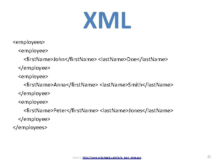 XML <employees> <employee> <first. Name>John</first. Name> <last. Name>Doe</last. Name> </employee> <first. Name>Anna</first. Name> <last.