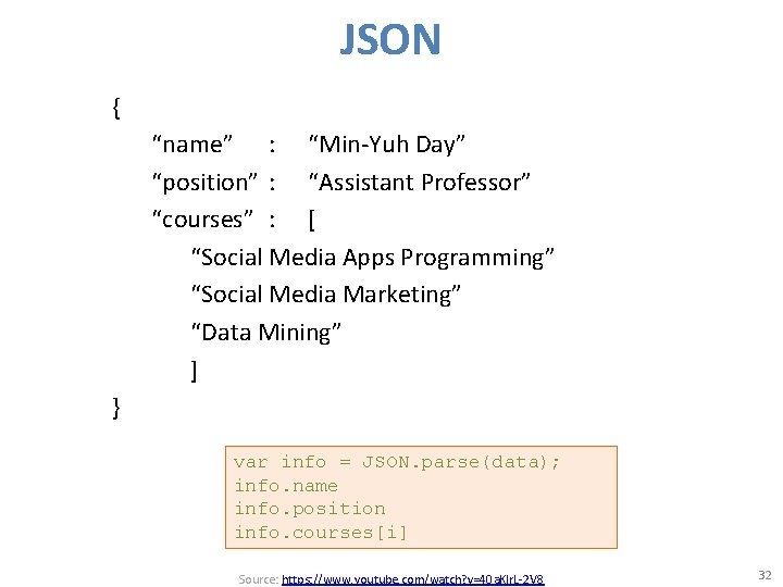 JSON { “name” : “Min-Yuh Day” “position” : “Assistant Professor” “courses” : [ “Social