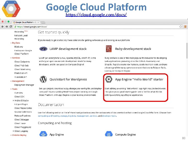 Google Cloud Platform https: //cloud. google. com/docs/ 80 