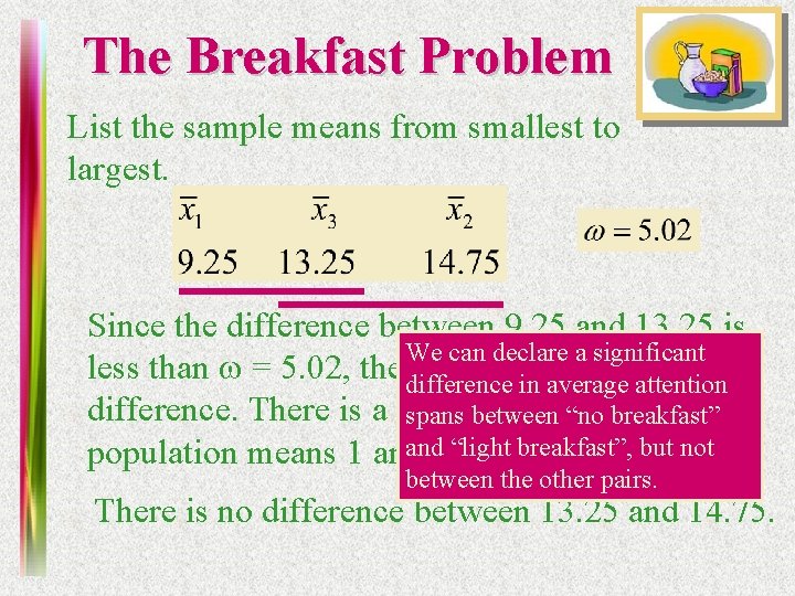 The Breakfast Problem List the sample means from smallest to largest. Since the difference