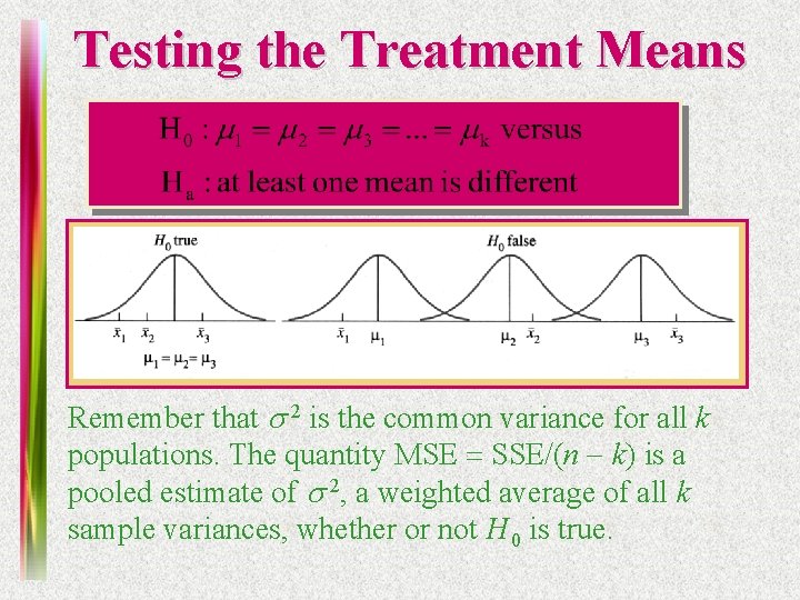 Testing the Treatment Means Remember that s 2 is the common variance for all