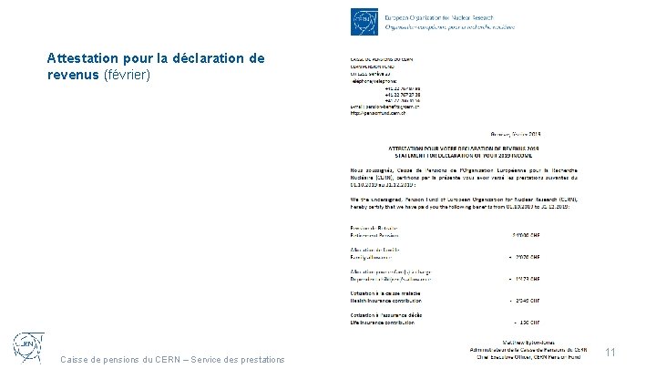 Attestation pour la déclaration de revenus (février) Caisse de pensions du CERN – Service