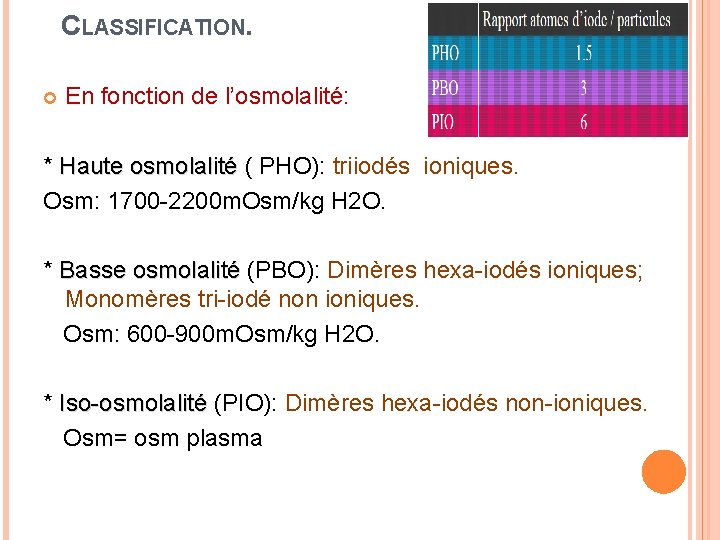 CLASSIFICATION. En fonction de l’osmolalité: * Haute osmolalité ( PHO): triiodés ioniques. Osm: 1700