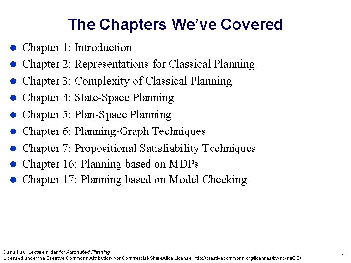 The Chapters We’ve Covered Chapter 1: Introduction Chapter 2: Representations for Classical Planning Chapter