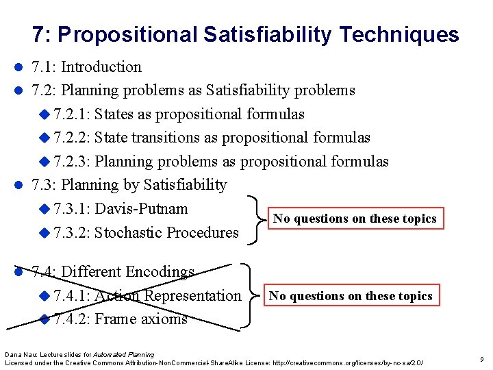 7: Propositional Satisfiability Techniques 7. 1: Introduction 7. 2: Planning problems as Satisfiability problems