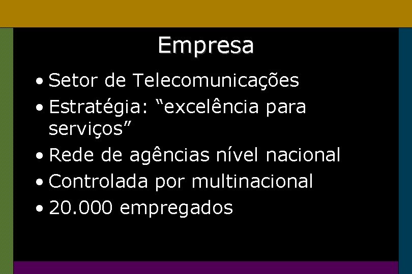 Empresa • Setor de Telecomunicações • Estratégia: “excelência para serviços” • Rede de agências