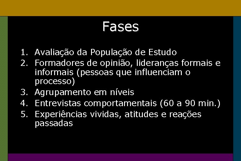 Fases 1. Avaliação da População de Estudo 2. Formadores de opinião, lideranças formais e