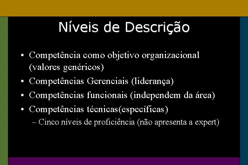 Níveis de Descrição • Competência como objetivo organizacional (valores genéricos) • Competências Gerenciais (liderança)