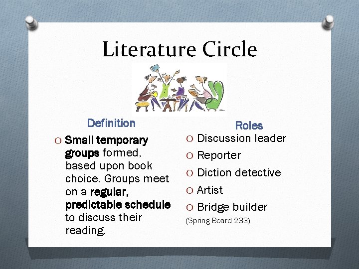 Literature Circle Definition O Small temporary groups formed, based upon book choice. Groups meet