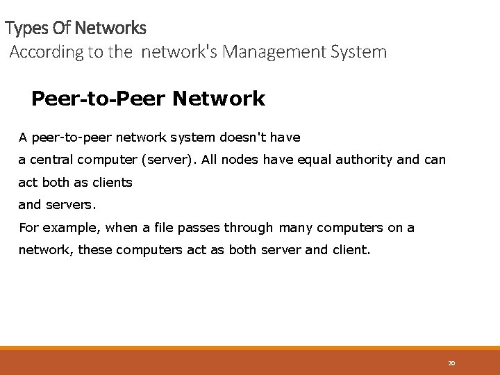 Types Of Networks According to the network's Management System Peer-to-Peer Network A peer-to-peer network