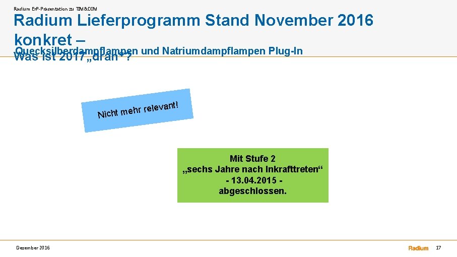 Radium Er. P-Präsentation zu TIM&DIM Radium Lieferprogramm Stand November 2016 konkret – Quecksilberdampflampen und