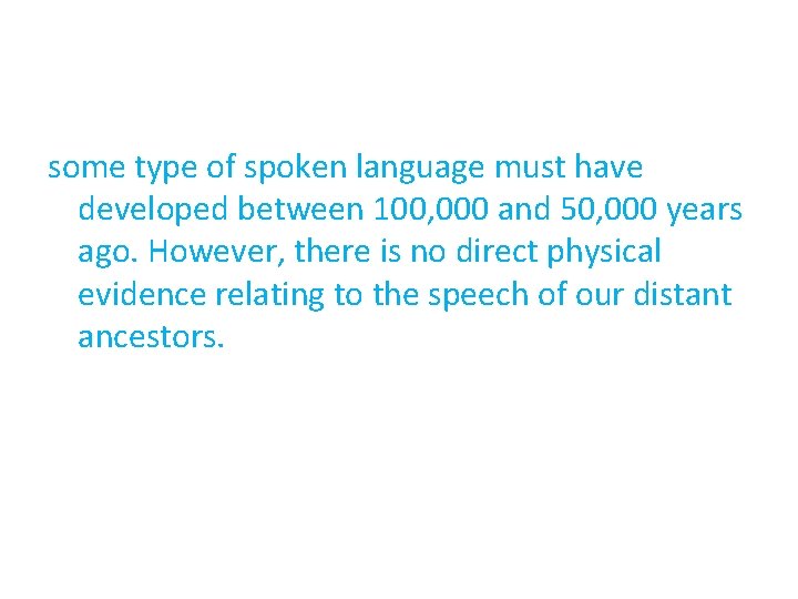 some type of spoken language must have developed between 100, 000 and 50, 000 some type of spoken language must have developed between 100, 000 and 50, 000